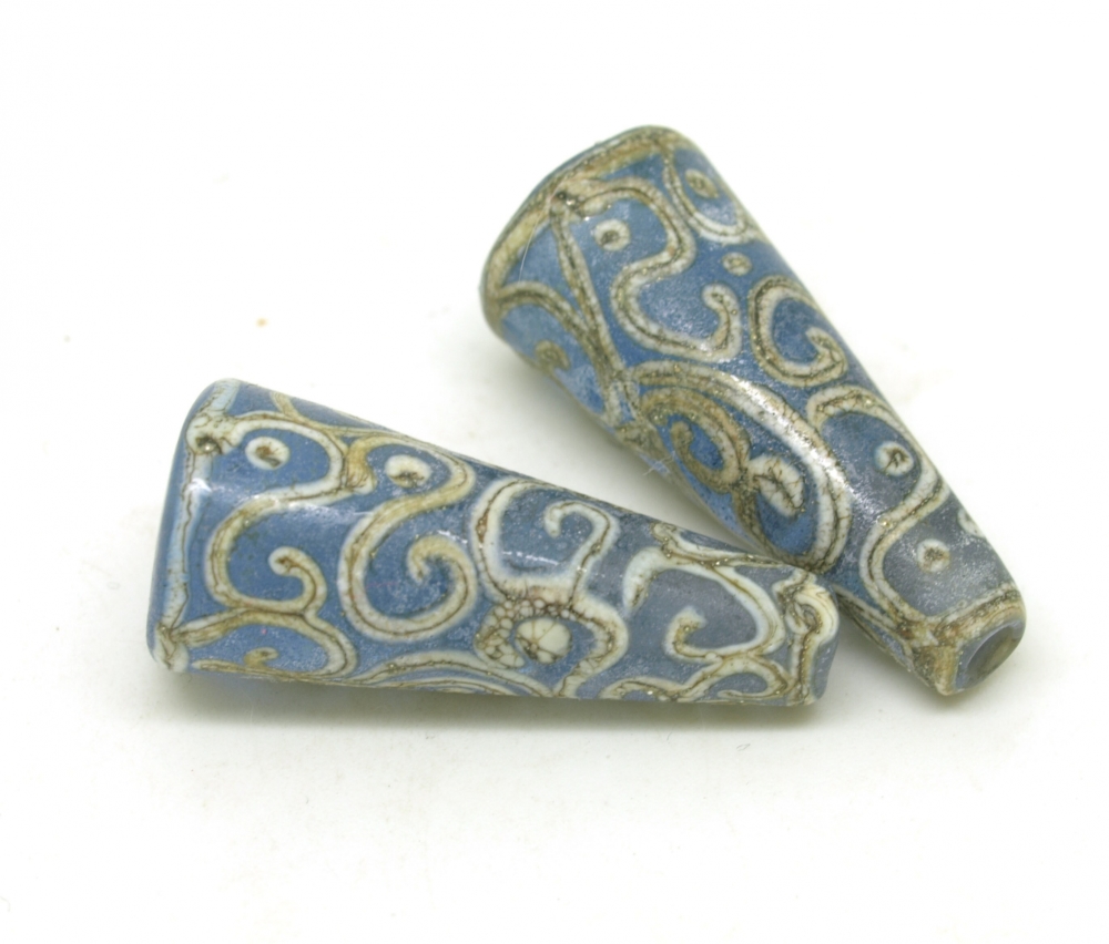 Blue Lampwork Cone Bead Pair with Scroll Design