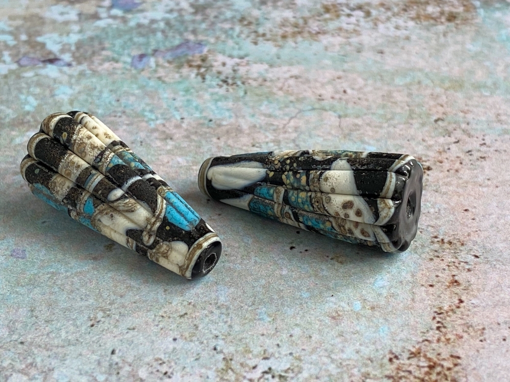 Black, Ivory and Turquoise Rustic Cone Lampwork Glass Bead Pair