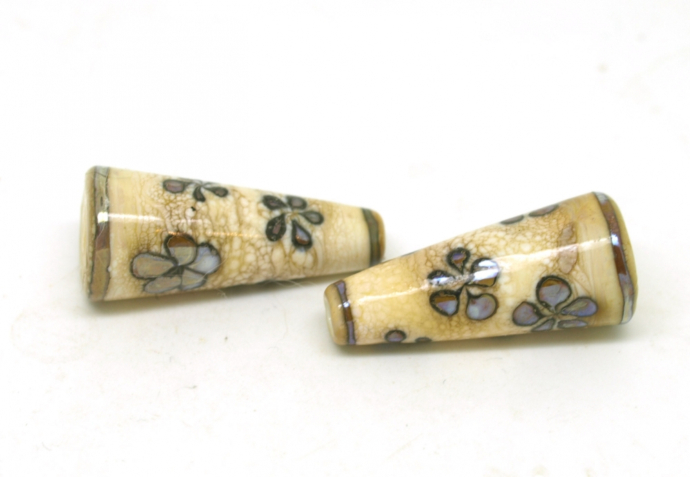 Ivory Glass Cone Bead Pair with Reactive Purple/Brown Flowers