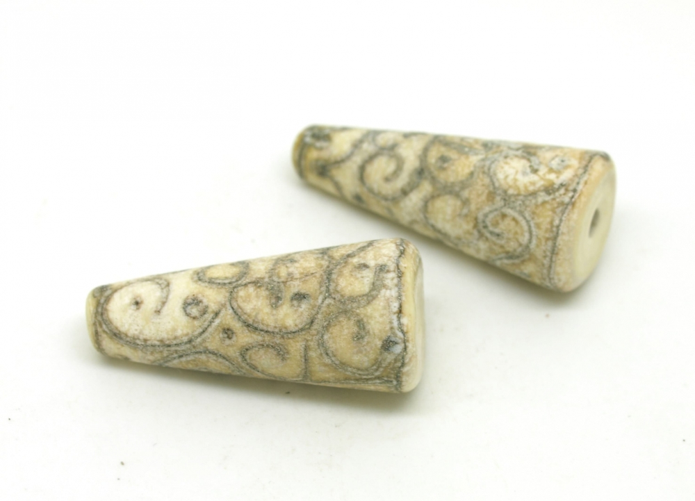 Lampwork Ivory Scroll Cone Bead Pair
