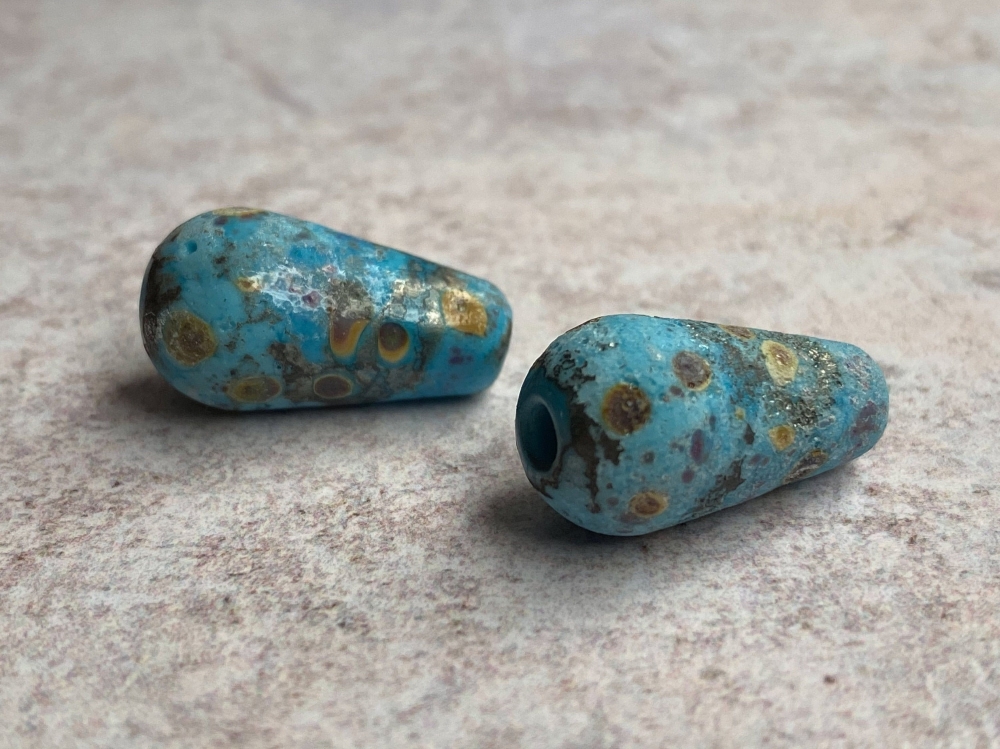 Rustic Glass Teardrop Bead Pair - Dark Turquoise, Raku