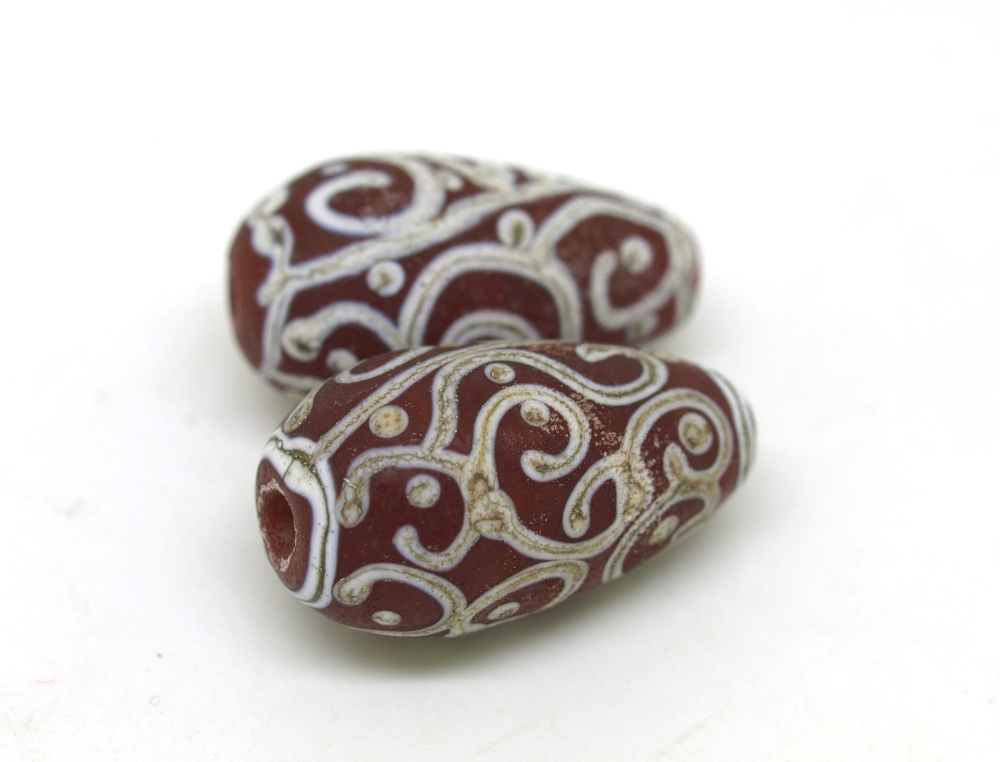 Red Glass Teardrop Beads with Scroll Design