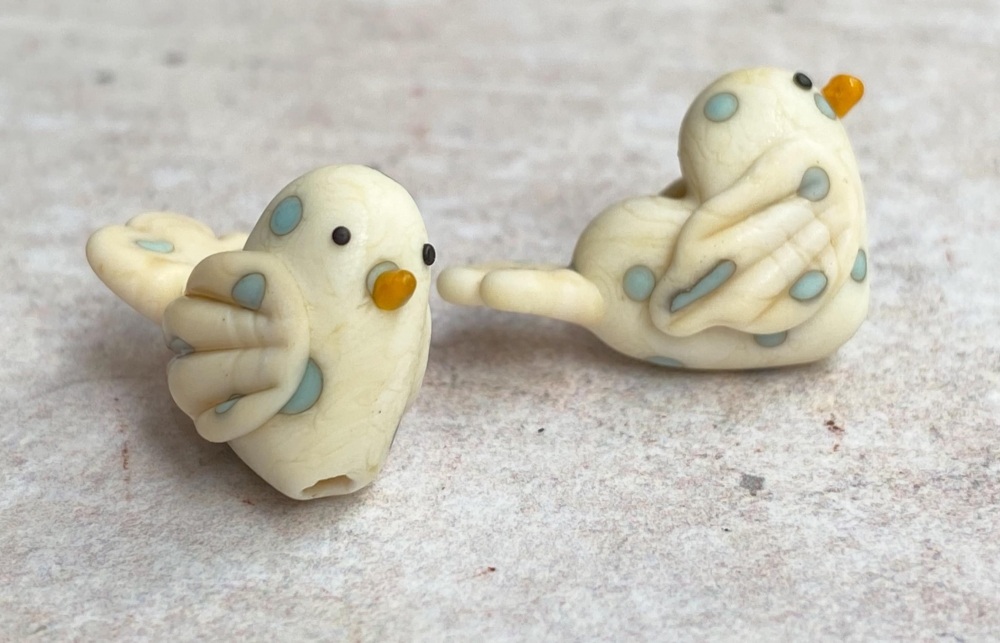 Polka Dot Bird Bead Pair in Ivory and Turquoise