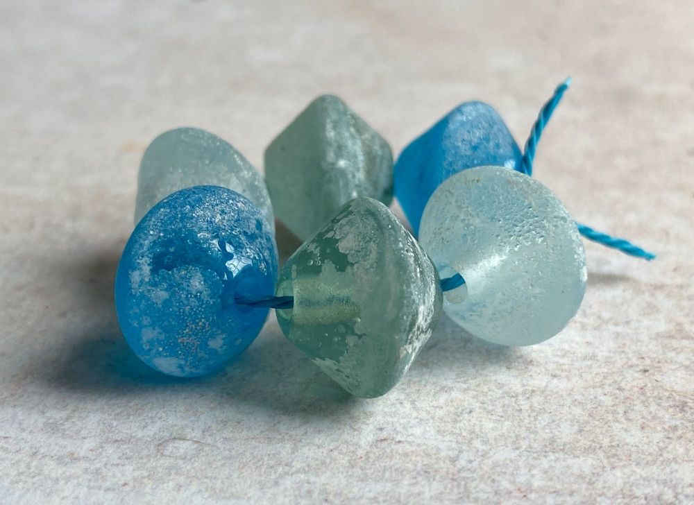 Aged Lampwork Bicone Beads - Aqua Blue Green