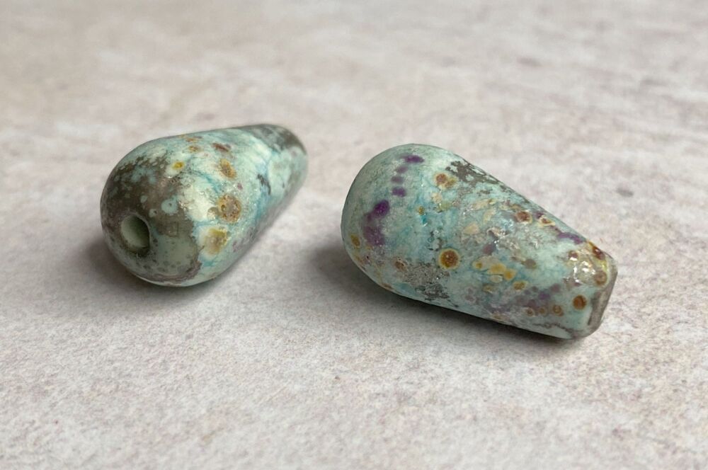 Rustic Glass Teardrop Bead Pair - Copper Green, Raku