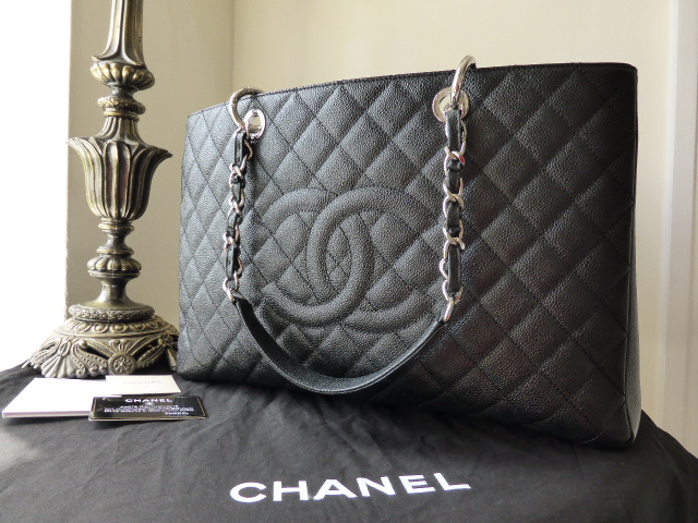 Chanel Black Quilted Caviar GST XL Grand Shopping Tote Silver