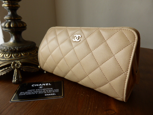 Chanel Make-Up Bag / Clutch in Beige Lambskin with Shiny Silver Hardware - SOLD