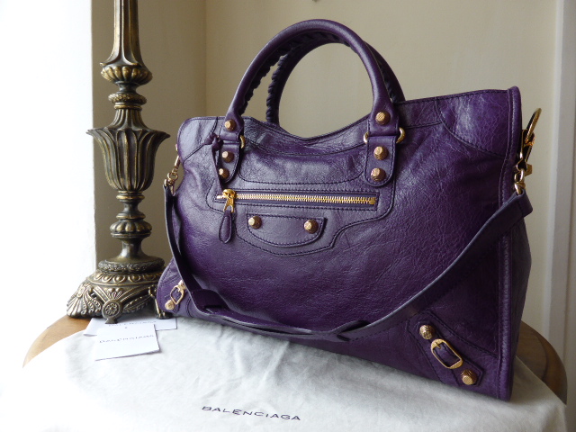 Balenciaga City in Deep Violet Lambskin with Giant 12 Shiny Gold ...