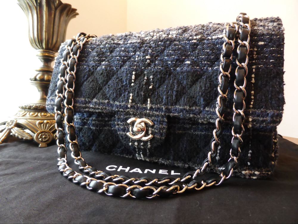 Chanel Classic 2.55 Medium 10" Blue Tweed Flap Bag with Silver Hardware - SOLD