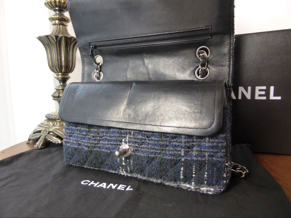 Chanel Classic 2.55 Medium 10" Blue Tweed Flap Bag with Silver Hardware - SOLD