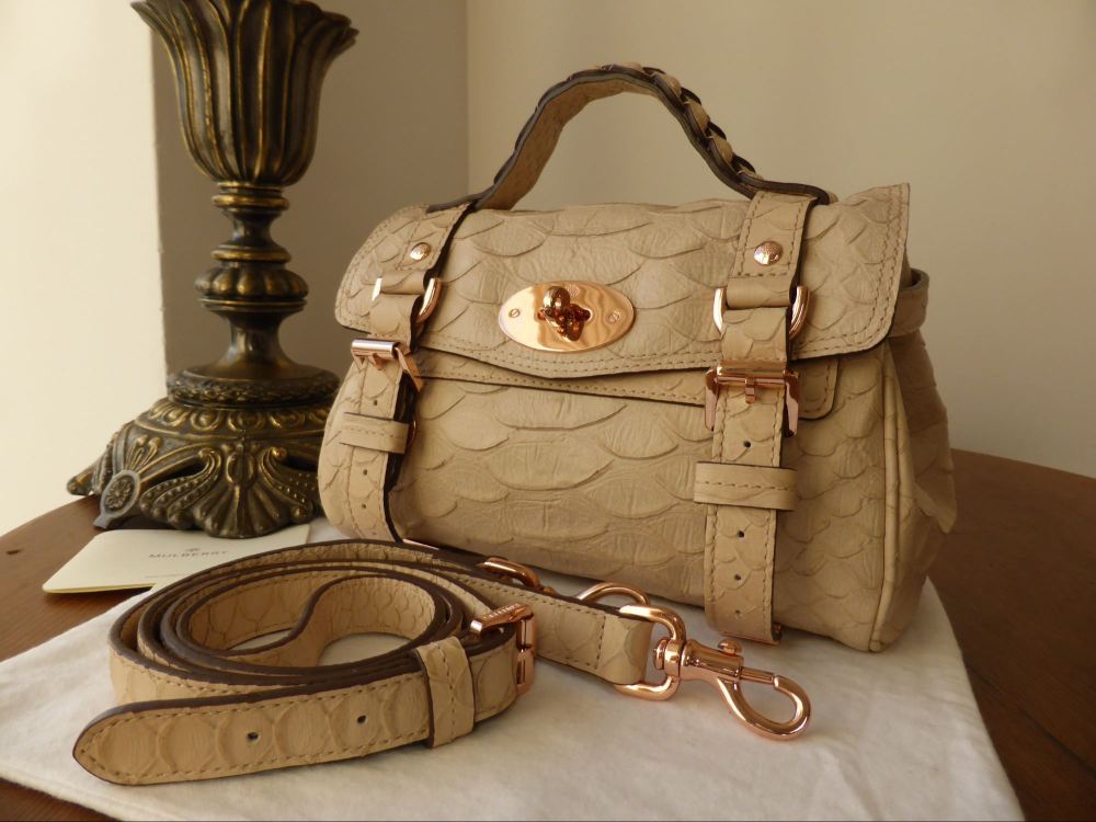 Mulberry Mini Alexa in Beige Large Silky Snake Printed Leather with Rose Go
