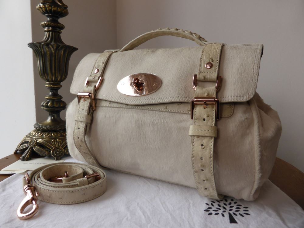 Mulberry Alexa Regular in Petticoat White Haircalf with Ostrich Leather & Rose Gold Hardware - SOLD