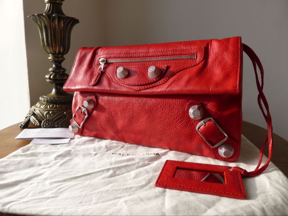 Balenciaga Envelope Clutch in Coqelicot Red with Giant 21 Silver Hardware - SOLD