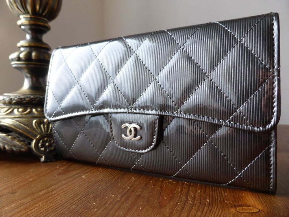 Chanel Classic Flap Wallet Purse in Steel Grey Striped Patent Leather - SOLD