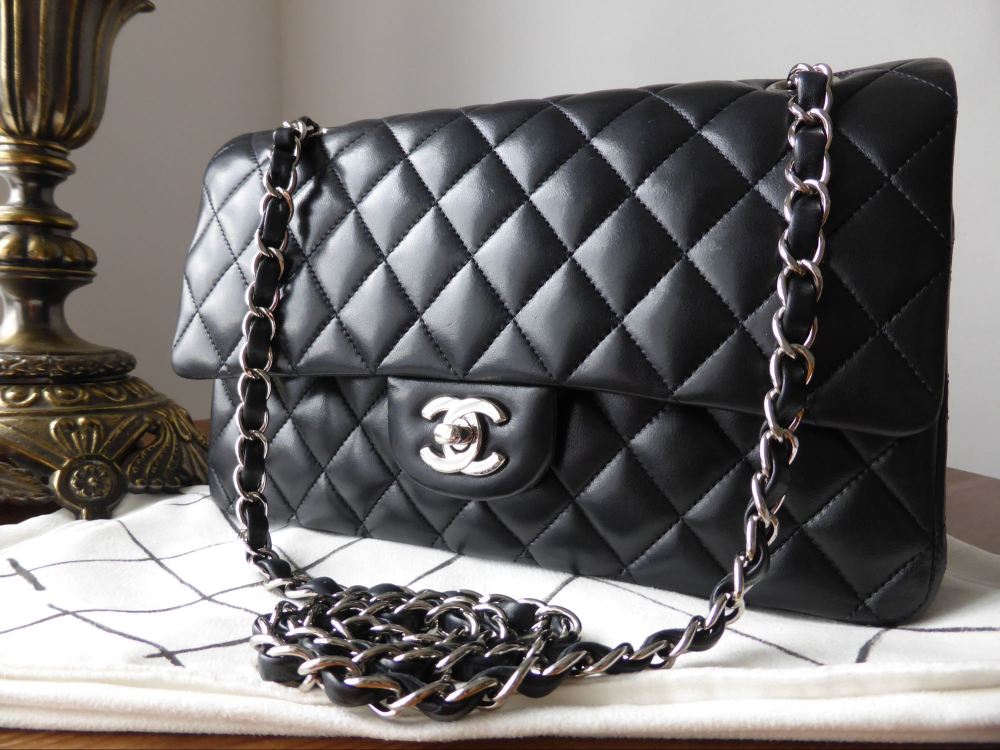 Chanel Classic 2.55 Medium Double Flap Black Lambskin with Silver ...