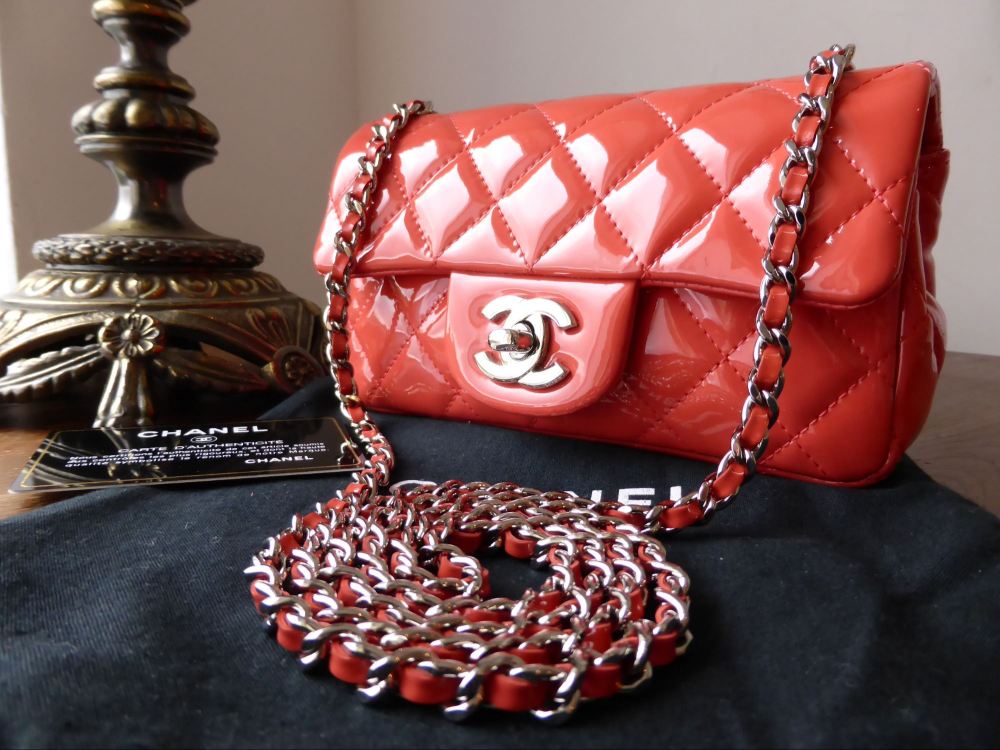 Chanel Classic Rectangular Mini Flap Bag in Coral Patent with Silver Hardware - SOLD