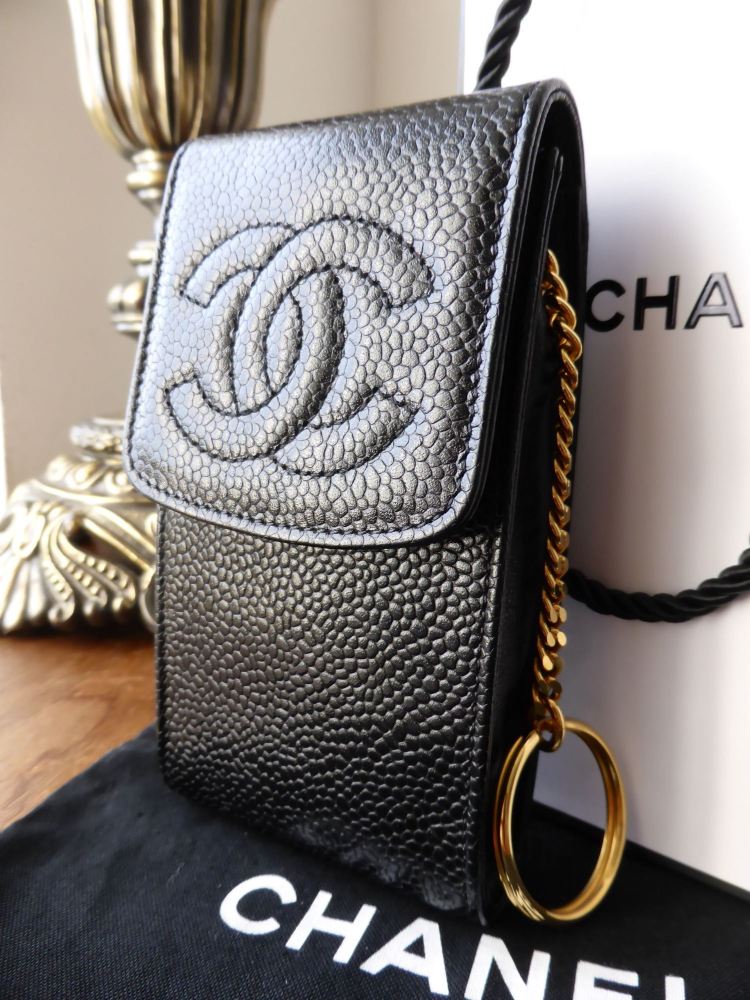 Chanel Phone Case Pouch in Black Caviar with Gold Keyring - SOLD