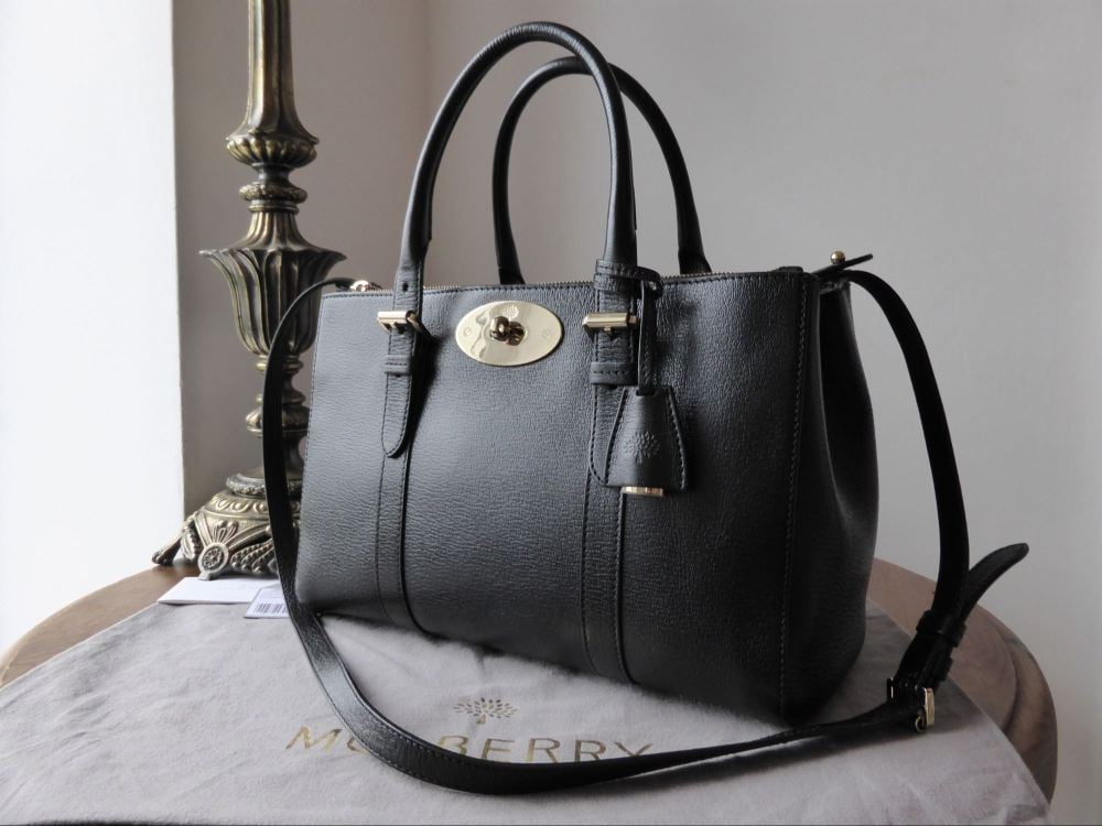 Mulberry Small Bayswater Double Zip Tote in Black Shiny Goat Leather 