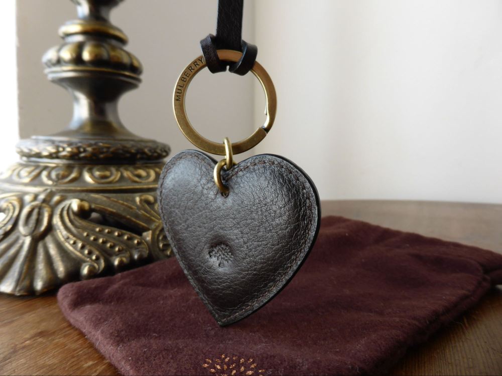 Mulberry Heart Keyring Bag Charm in Chocolate Natural Leather