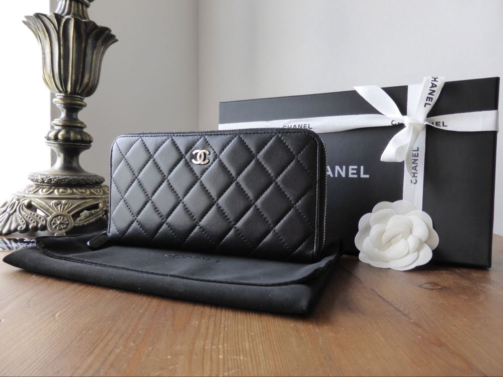 Chanel Zip Around Continental Wallet in Black Quilted Lambskin with Silver Hardware - SOLD