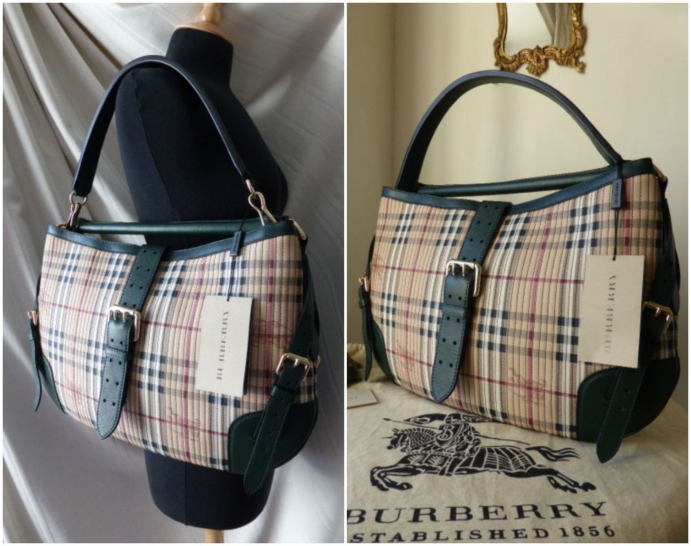 Burberry Large Dunloe Hobo in Vertical Stitched Haymarket Check with Forest Green Trims - SOLD