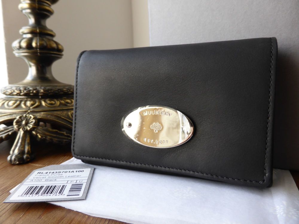 Mulberry French Purse in Black Velvet Smooth Leather with Silver ...