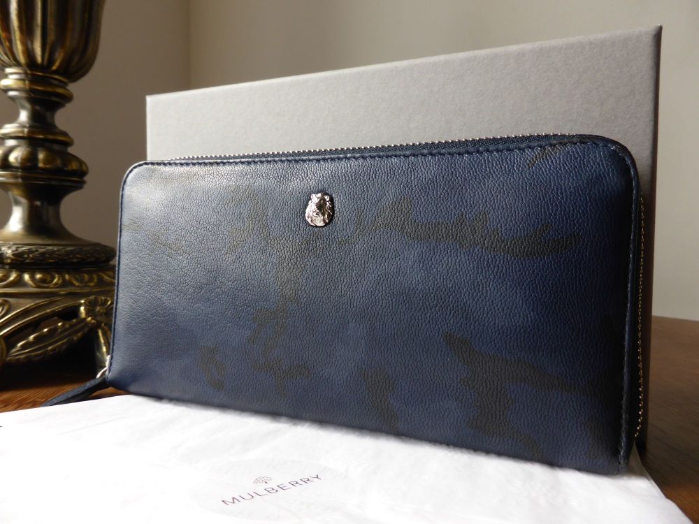 Mulberry Cara Delavigne Camo Zip Around Continental Purse in Midnight Blue Goat Leather - SOLD