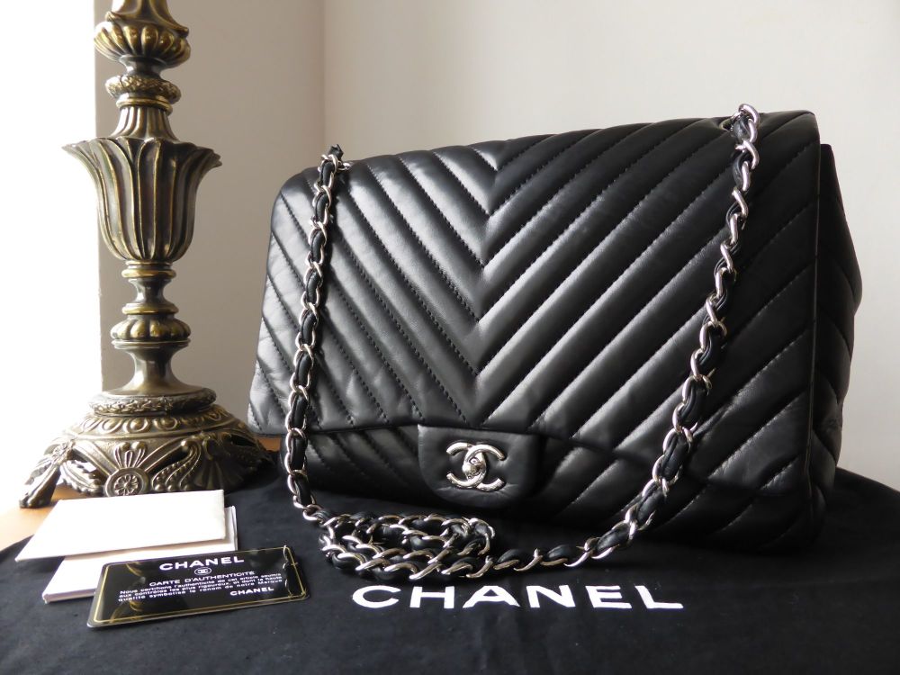 Chanel Chevron Maxi Single Flap in Black Lambskin with Silver Hardware - SOLD