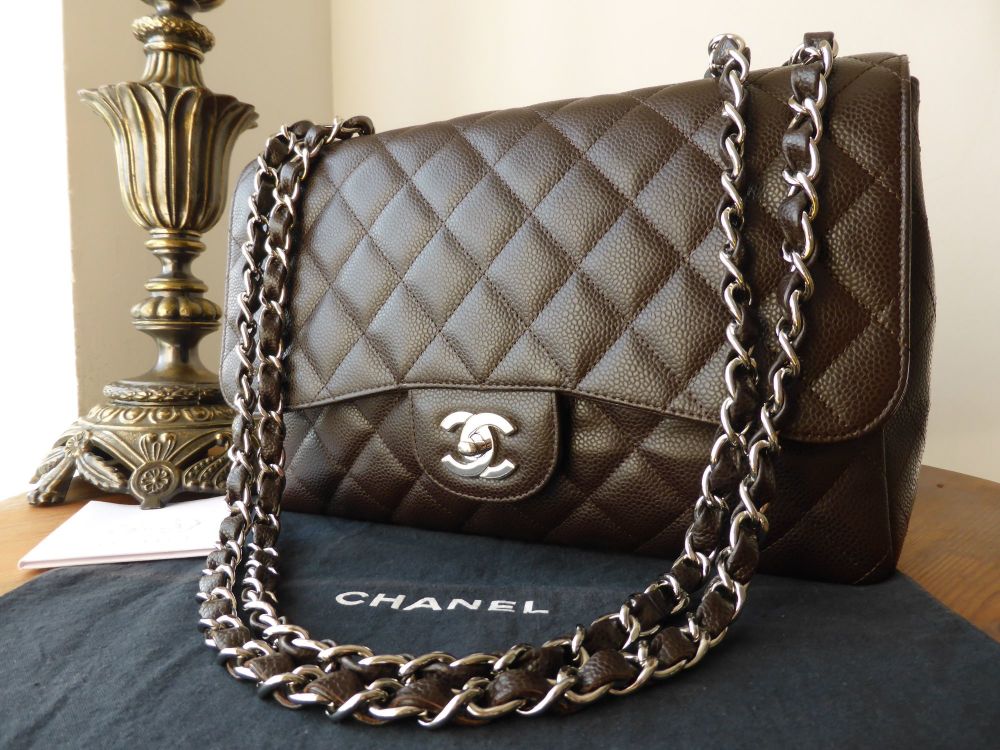 Chanel Jumbo Single Flap in Chocolate Caviar with Silver Hardware 