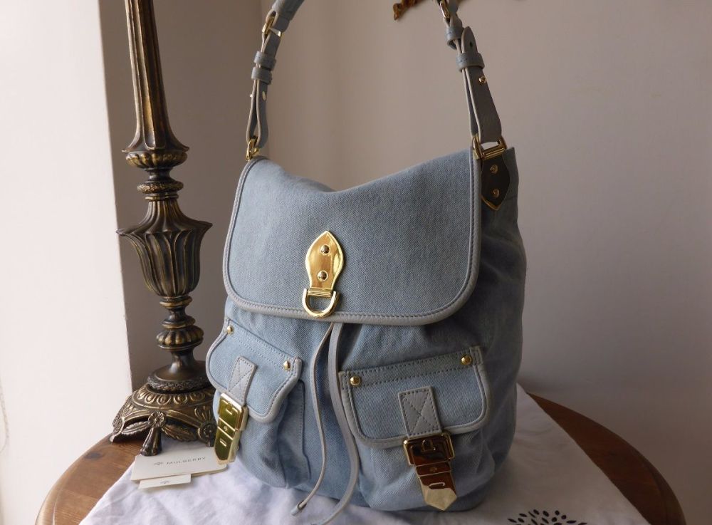 Mulberry Tillie Drawstring Shoulder Bag in Pale Blue Washed Denim 