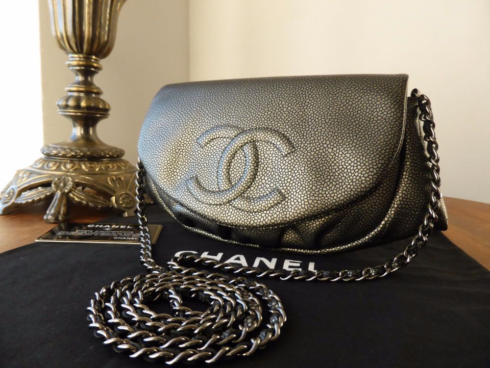 Chanel Black Part-Quilted Caviar Half-Moon Wallet on Chain WOC