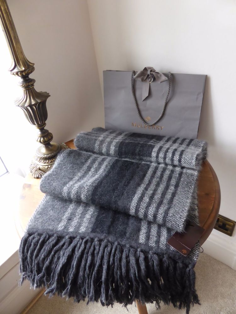 Mulberry Oversized Knitted Check Scarf in Mole Grey Angora Blend - New