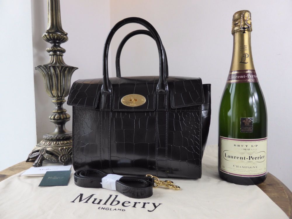 Mulberry Small New Bayswater in Black Polished Embossed Croc Print Leather - SOLD