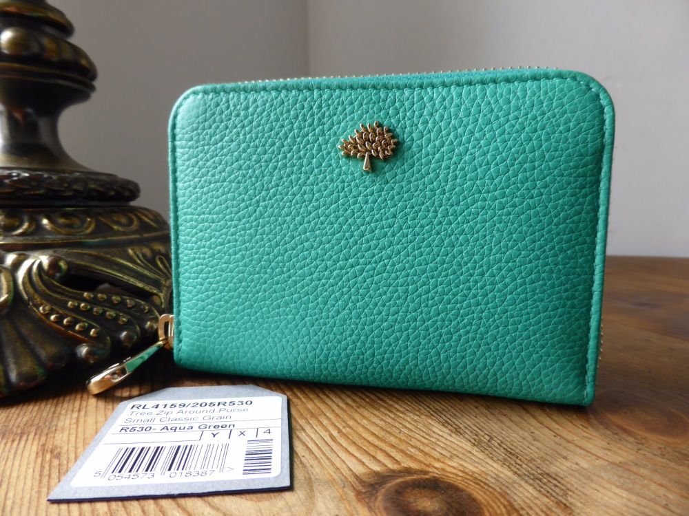 Mulberry Compact Zip Around Purse Wallet in Aqua Green Classic Small Grain - SOLD