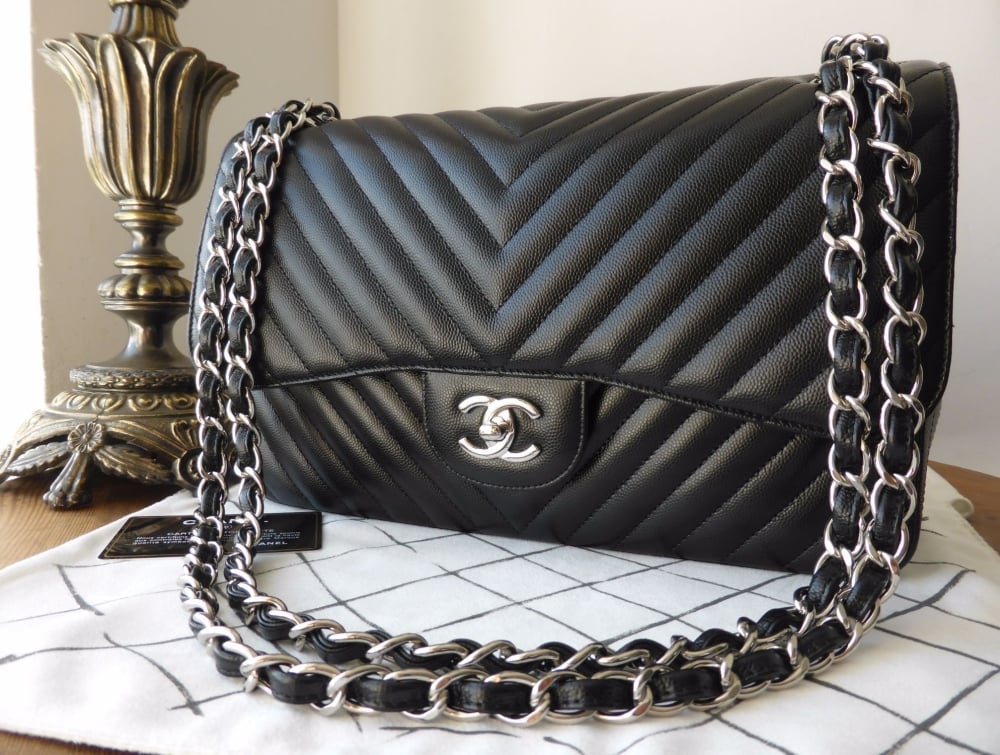 Chanel Chevron Quilted Classic Jumbo Double Flap In Black Caviar With