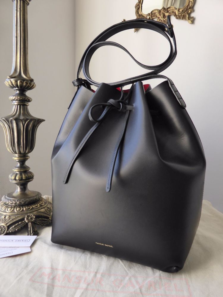 Mansur Gavriel Bucket Bag in Black with Bright Red Interior with Zip Pouch