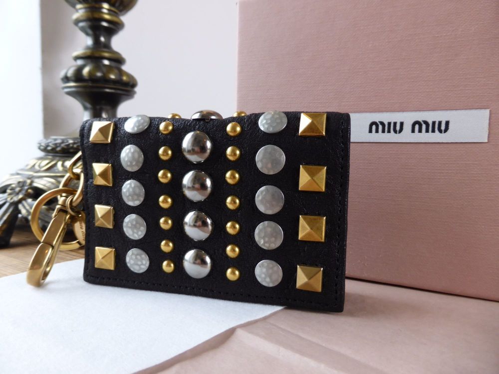 Miu Miu Keyring Card Case in Black Grainy Leather with Rivet Detailing - SOLD