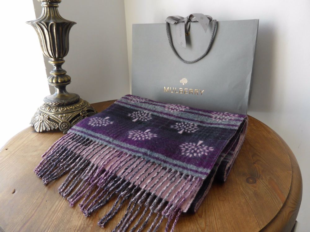 Mulberry Jacquard Logo Reversible Scarf in Plum Heritage Check Cashmere & Merino - SOLD