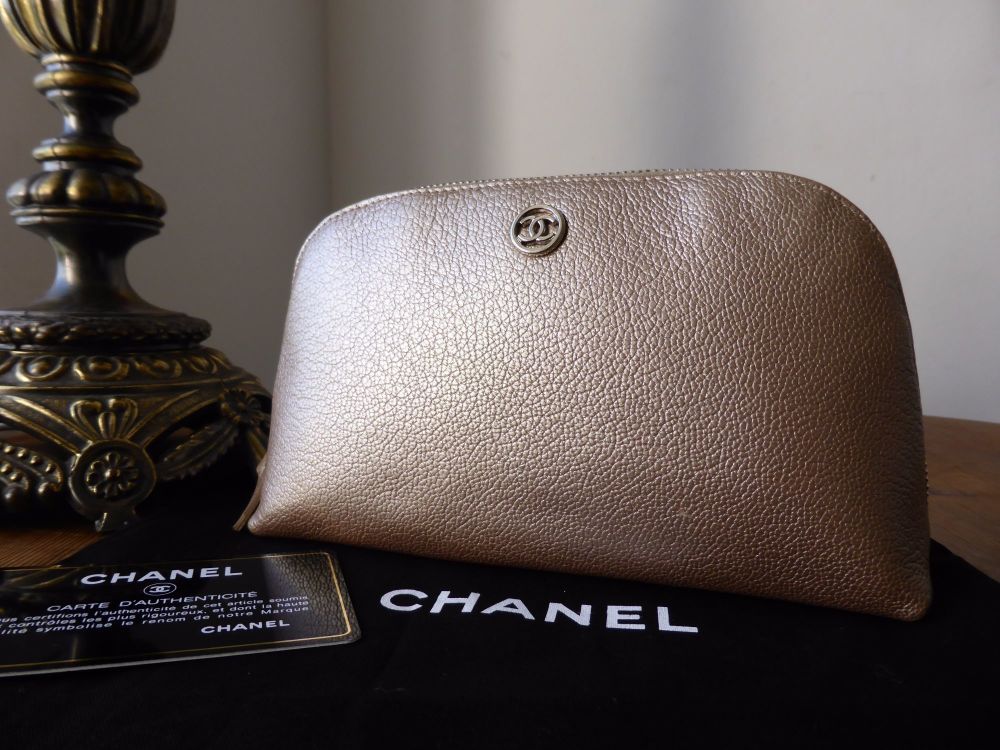 Chanel Make Up Zip Pouch in Champagne Gold Metallic Calfskin with Silver Hardware - SOLD
