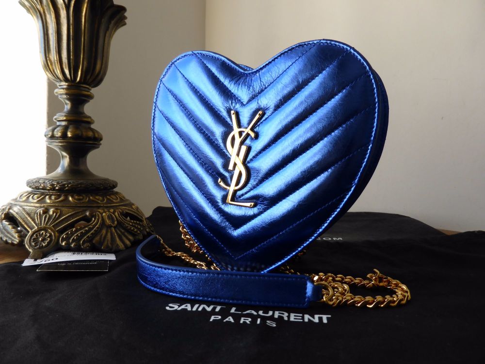 Saint Laurent Small Love Heart Chain Bag in Bleu Azur Metallic Calfskin - SOLD