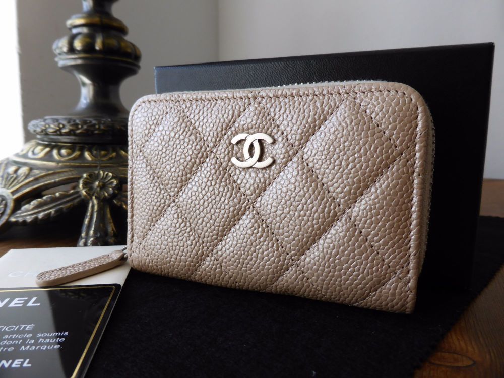 Chanel Classic Quilted Compact Zip Around Purse in Beige Pearlized Caviar - SOLD