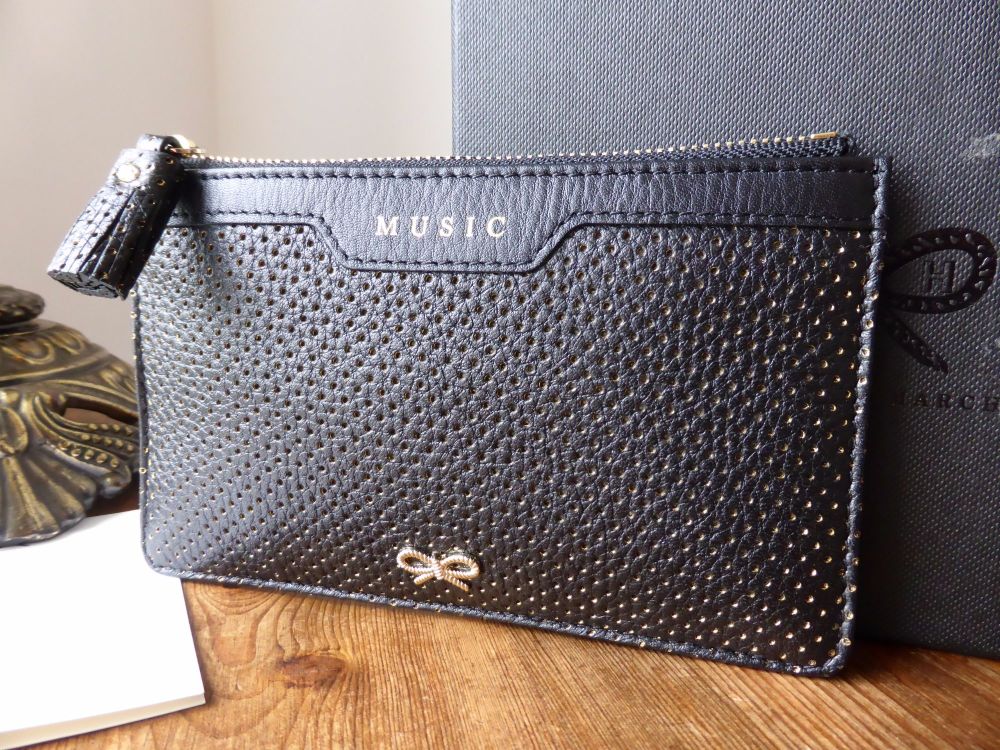 Anya Hindmarch Music Zip Pouch in Black Perforated Metallic Calfskin - SOLD