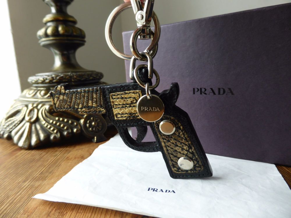 Prada Gun Key Chain Bag Charm Portachiavi in Nero Roccia Lizard Printed Saffiano - SOLD