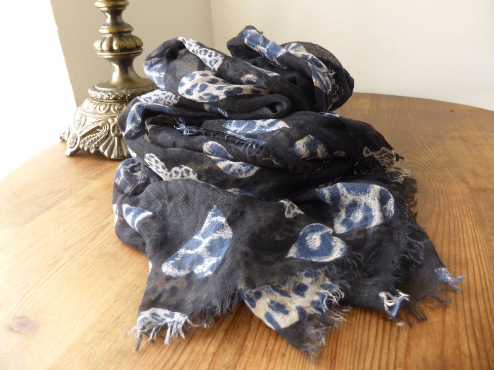 Mulberry Leopard Hearts Printed Square Wrap in Midnight Blue Modal Cashmere Mix - SOLD