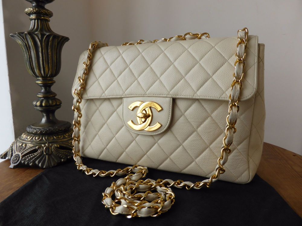 Chanel Vintage Jumbo Single Flap In Cream Caviar Leather With Gold Hardware  SOLD