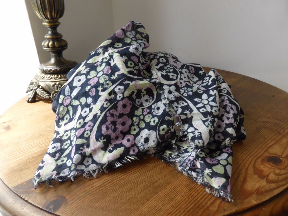 Mulberry XL Printed Wrap in Navy Floral Gecko Modal and Silk Mix