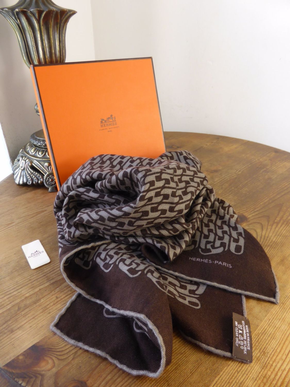 Hermés Link H Scarf in Marron Pierre Cashmere and Silk