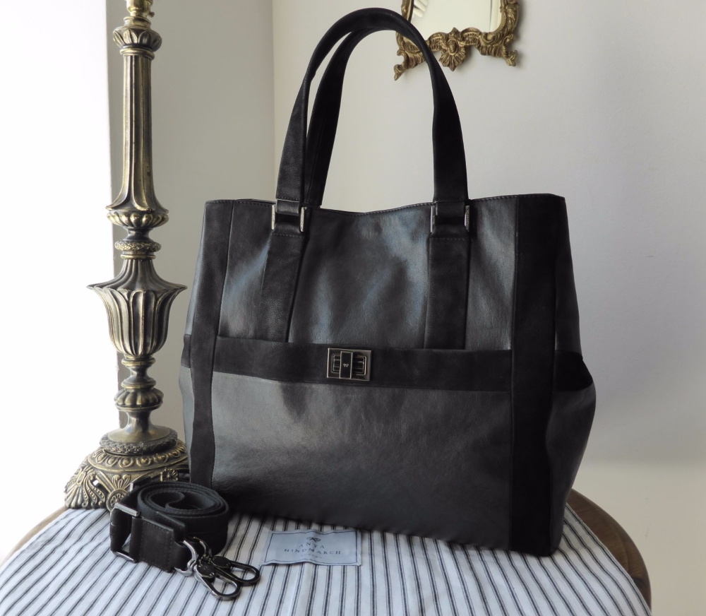Anya Hindmarch Large Tote in Black Goatskin and Nubuck - SOLD