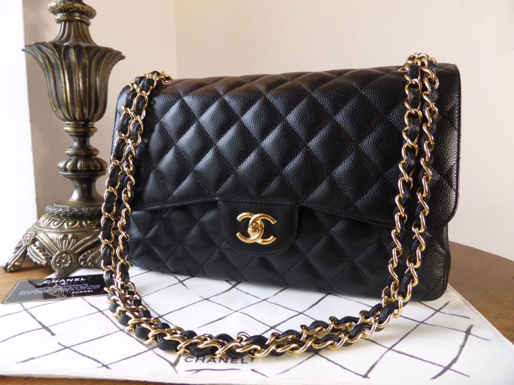 Black Quilted Caviar Jumbo Classic Double Flap Gold Hardware, 2018 - 2019