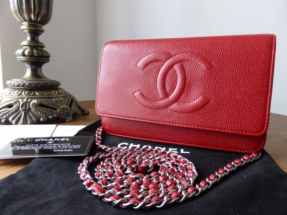 Red Quilted Lambskin CC Pearl Crush Wallet on Chain Aged Gold Hardware, 2022